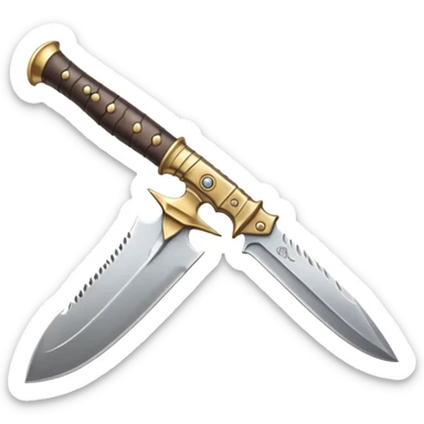 close-up of a curved crysknife blade made from sandworm tooth, metallic gleam with fine cracks, wrapped leather hilt, warm light glinting off blade, bold and sharp emoji style sticker