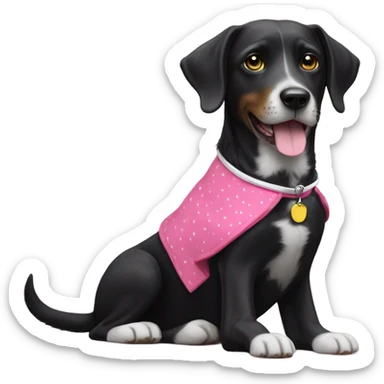 Black dog with white spotty legs and pink collar sitting next to bigger black dog with white legs and yellow collar sticker