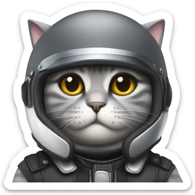 Fat gray cat wearing motorcycle helmet  sticker