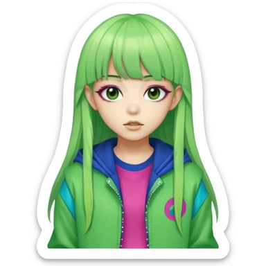  portrait-of-a-green-skin-alien-k-pop-idol,-wearing-a-stylish-streetwear-outfit-with-layered-colorful-clothing,-long-hair-with-bangs,-makeup,- sticker