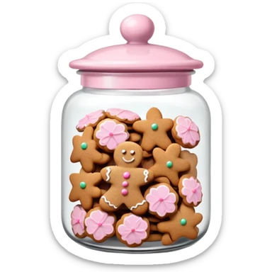 Realistic glass cookie jar with light pink lid full of gingerbread cookies isolated.  sticker