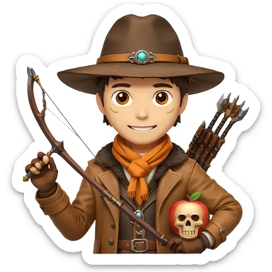 male human monster hunter emoji, wearing brown leather coat and wide hat, holding crossbow, with amulet shaped like skull, Halloween fantasy theme, confident smile, orange scarf, Apple emoji style, clean white background, square image sticker