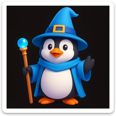 A penguin dressed as a wizard with a blue cape sticker