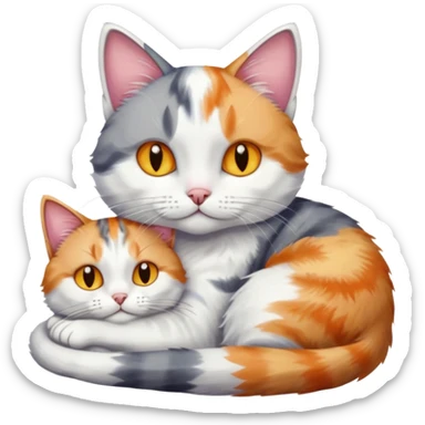 grey and white cat cuddling a colourful light patched calico + white tabby cat sticker
