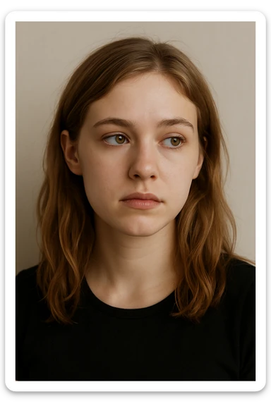 a white girl with dirty blond hair, hazel eyes, wearing a black top, looking to the side, neutral background sticker
