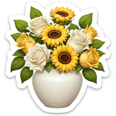 Bouquet with yellow roses sunflowers and white roses in a white vase and a white bow sticker