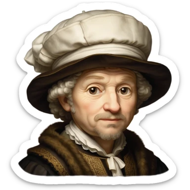 emoji of rembrandt,-shown-as-a-master-artist-with-deep,-introspective-eyes-and-richly-detailed-period-clothing,-rendered-with-dramatic-chiaroscuro-lighting-that-emphasizes-his-legacy white puffy hat sticker