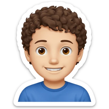 Boy with fair skin, short curly brown hair, brown eyes, smiling without showing his teeth.
 sticker