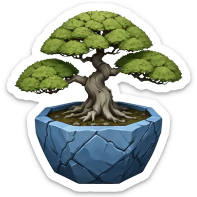 Japanese very old broken intricate Stone Age rocky-crusted dodecahedron-shaped shallow dark moss rough bark blue maple tree bonsai pot sticker