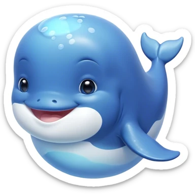 Cinematic happy baby whale, chubby rounded body, tiny smiling face, soft pastel blue hues, gentle glowing waves around, joyful and soothing. sticker