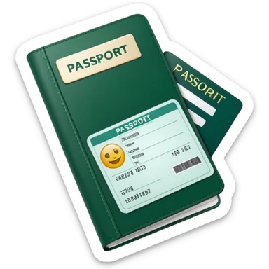 dark green passport with long white airline tickets sticking out, minimalist, emoji style sticker