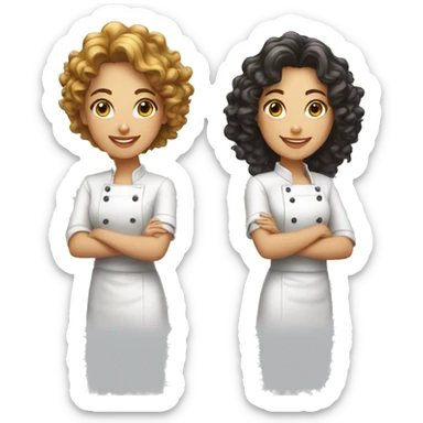 Two female cooks for a logo. The first one has short dark curly hair. The second one has medium-length golden curly hair. sticker
