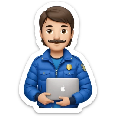 generate an ios genmoji of a 20 year old boy with shoulder length hair and a mullet. cop mustache. carrying a macbook and wearing a puffer jacket sticker