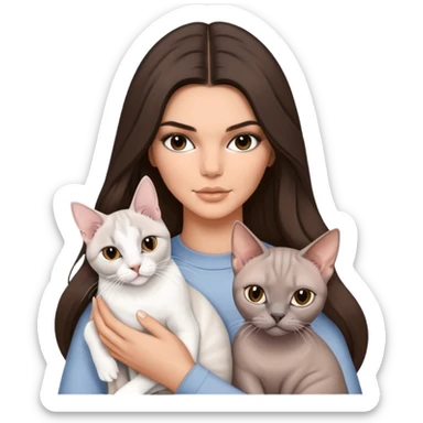 brunette Kendall Jenner with long hair holding on the hands a british white british cat and a grey Sphynx cat sticker