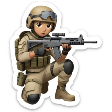 A skilled airsoft player in tactical gear, aiming a gun and shooting metal BBs in a desolate, ruined landscape. The setting is filled with broken walls and debris, creating a tense atmosphere of strategy and precision in a high-stakes tactical environment sticker