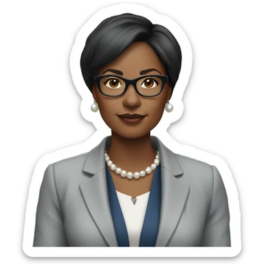 black woman ceo, black glasses, straight hair, blue blazer, pearl necklace sticker