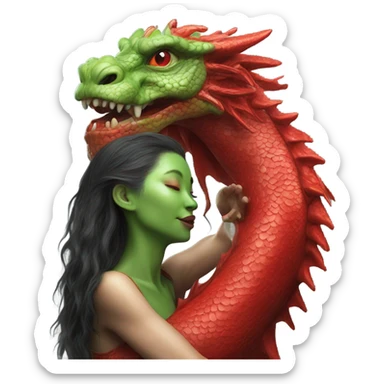 Photo realistic, alien female green, kissing and embracing red china dragon sticker