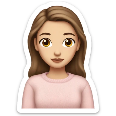 Brown haired Pretty brown eyed white girl with light pink sweater reading cozy sticker