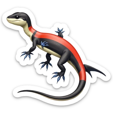 Black and white Orca-hybrid-reptile-reptilian-lizard-skink-gecko-Digimon-Fakémon-hybrid full body, two legs, two arms, claws, tail, with red stripe sticker