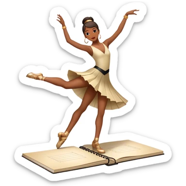 Icon for Choreography: a dance studio floor with a choreographer demonstrating movements, a dance notebook, and a metronome. The icon should capture the creative and structured process of choreographing dances. Transparent background. sticker