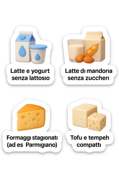 emoji stile iphone 3d di questi elementi che fluttuano in aria:

Latte e yogurt delattosati
Latte di mandorla (non zuccherato)
Latte di soia da proteine isolate
Formaggi stagionati (es. parmigiano)
Tofu compatto e tempeh
 che fluttuano in aria,  le etichette scrivile in italiano, iperealistico 4k sticker