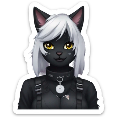 Gorgeous furry dark techwear anime style anthro black cat fursona with blushing face aesthetic and pretty edgy black with collar and harness trending style sticker