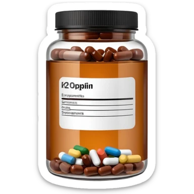 brown glass jar of supplements with white label, black thin title K2  sticker