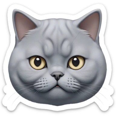 Cinematic Bored Grey British Shorthair Cat Portrait Emoji, Head tilted with a scrunched, utterly disinterested expression, sleek soft grey fur with subtle blue undertones, Simplified yet sharp features, highly detailed, glowing with a dull, indifferent glow, high shine, poised but exuding a sense of boredom, stylized with an air of subtle annoyance, focused yet clearly uninterested, soft glowing outline, capturing the essence of a bored yet adorably snarky kitty, so lifelike it feels like it could roll its eyes and sigh dramatically at any moment! sticker