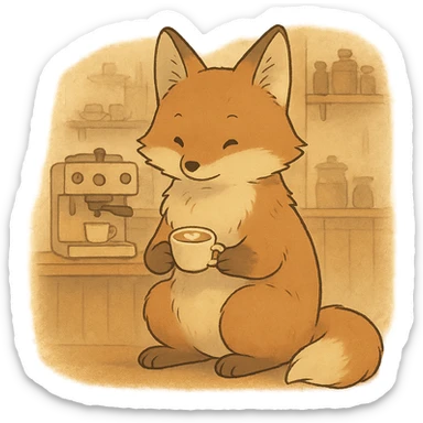 soft fluffy full-body fox holding a tiny latte cup, brown and beige tones, pastel coffee maker aesthetic, cozy coffee shop vibe, gentle warm atmosphere, Ghibli style sticker