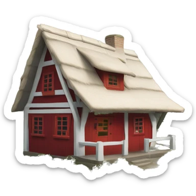 small white cabin with red half-timbering and thatched roof sticker