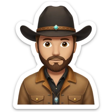 yellowstone dutton ranch cowboy with brown beard, black cowboy hat with no rope no jewel, black shirt, and leather tan jacket sticker
