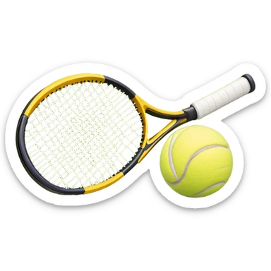 A tennis racket and ball placed on the grass court, with the lines of the court clearly visible in the background. The scene captures the essence of the sport, highlighting the equipment and the vibrant, open atmosphere of a tennis match sticker
