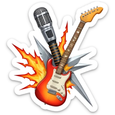 Create a bold and powerful emoji representing rock vocal performance in a humanless collage. The design should feature a vintage microphone at the center, surrounded by a heavy, aggressive hardcore electric guitar with sharp, jagged edges. Include crossed drumsticks behind the guitar, symbolizing the intense rhythm of rock music. Add fiery elements like flames or lightning bolts to enhance the raw energy of the design. Use dark, bold colors like black, red, and silver, with metallic or chrome accents to reflect the rebellious, hard-hitting nature of rock. The background should be transparent. sticker