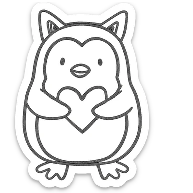 penguin holding a heart, wearing kitty ears, hand drawn icon style, sketchy black lines, no fill, playful, minimal, no background sticker