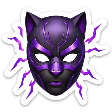 Black Panther superhero face only, black cat-like mask, purple lightning effects sticker