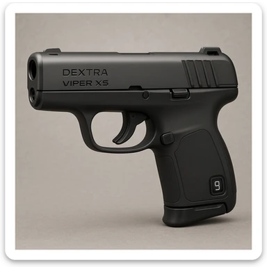 realistic, compact semi-automatic handgun called the Dextra Viper X5, designed for deep concealment and rapid draw, smooth rounded exterior, monolithic matte graphite slide with subtle top serrations, flush-fit ported barrel, polymer-composite frame with curved ergonomic grip and soft overmold panels, no front rail, optic-ready slide cut, recessed digital ammo counter on rear grip, lightweight, minimalist, snag-free design sticker