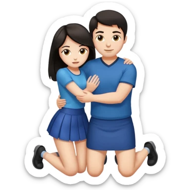 man with dark hair on knees, facing dark haired woman in a micro mini skirt, hugging her waist sticker