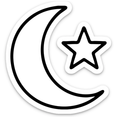 crescent moon with star on a green background, outlined icon style sticker