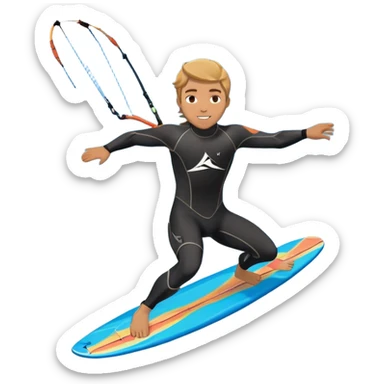 An athlete in a wetsuit riding a kiteboard, soaring over the waves with the kite high in the sky. The background features a vibrant blue sky and crashing ocean waves, capturing the thrill and freedom of kitesurfing in dynamic motion. sticker