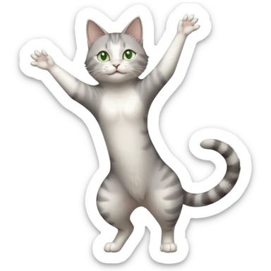 grey and white cat with green eyes doing a big long stretch reaching up into the air with arms and legs side by side together sticker