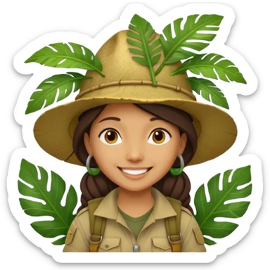 a young female explorer with jungle wearing a large leaf headgear bye  sticker