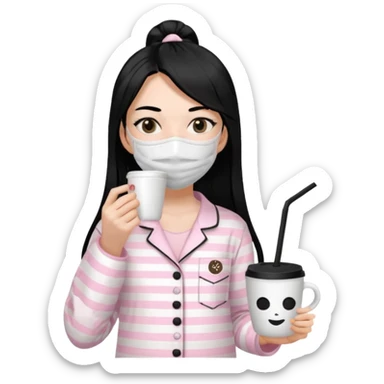 chica de pelo lacio color negro cabellera larga piyama blanca con rayas rosa claras peo no tan claras no oscuras el bordado es negro al igual que los botones )tiene una mascarilla para la carablanca y sostiene y cafe con bolitas nedras al dondo con unsorbete tranparente y es de test blanca  sticker