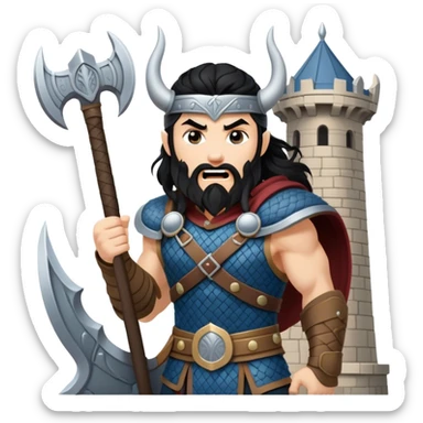 vikingo con armadura de Asgard, pelo negro ondulado, de pie, grito de guerra en torre de Asgard. sticker
