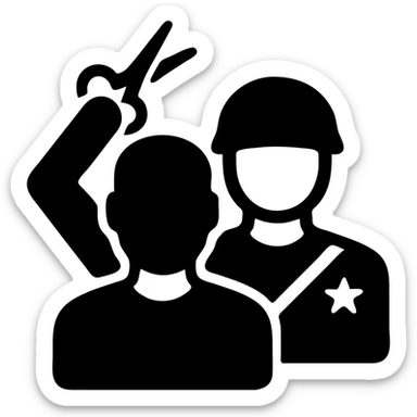 a soldier man getting a haircut, solid filled icon style sticker