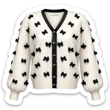 white cashmere cardigan with 8 tiny black lace bows all over front and sleeves, realistic 3d isolated, soft texture sticker