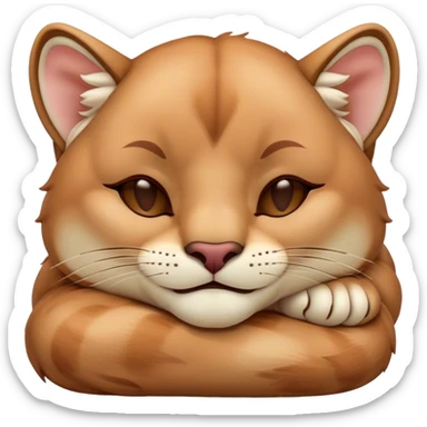Meme-Worthy Cute Sleeping Cougar Portrait Emoji, Head resting peacefully with a contented smile, showcasing a lithe build and a luxuriously soft tawny Fur, eyes shut in a serene, restful nap, Simplified yet hilariously adorable features, highly detailed, glowing with a soft, drowsy light, high shine, relaxed and utterly lovable, stylized with an air of playful laziness, bright and heartwarming, soft glowing outline, capturing the essence of a comically sleepy cougar, so meme-worthy it feels like it could instantly become the next viral sensation of adorable slumber! sticker