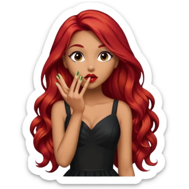  woman with long red hair and dark make up and olive skin sending a kiss in black dress sticker