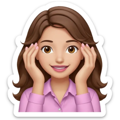 girl with wavy long brown hair, brown eyes, light to medium complexion, long lashes, light pink lipstick, wearing light pink shirt, smiling, hands covering both eyes sticker