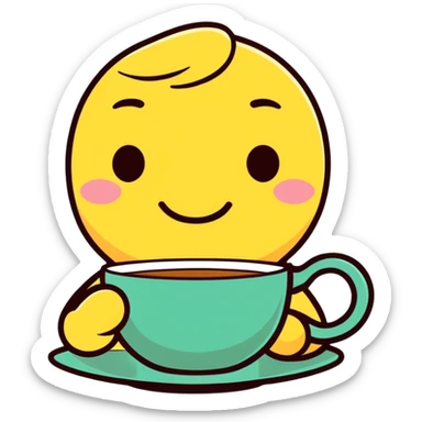 cartoon style emoji of a smiling face sipping tea from a cup sticker