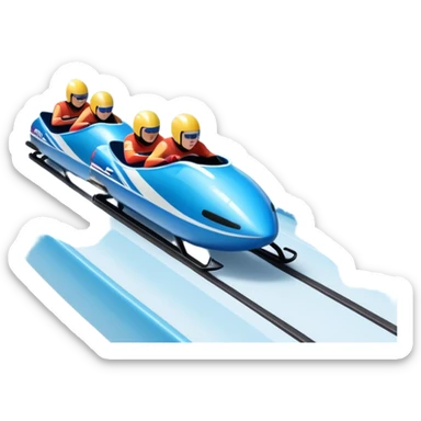An icon featuring a sleek bobsled with athletes racing down an icy track at high speed, helmets on and bodies aligned for aerodynamics. The scene is set in a stunning snowy mountain valley with pine trees, spectators, and crisp blue sky. Transparent background captures the thrill of bobsleigh. sticker